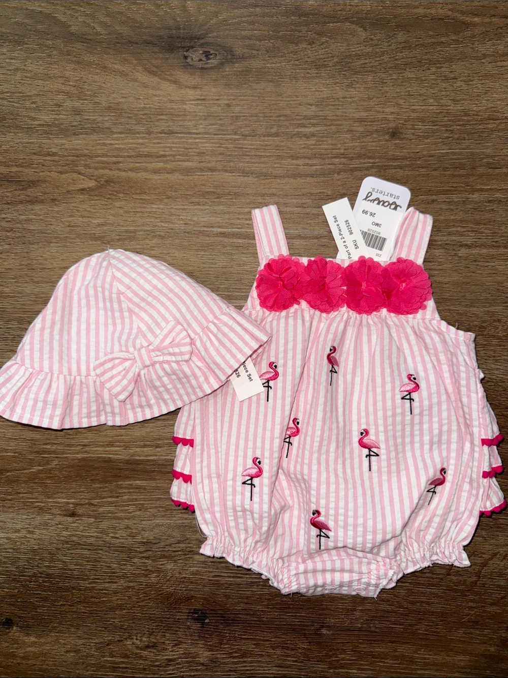 NWT - Pink Flamingo Stripe Baby Romper with Sun Hat